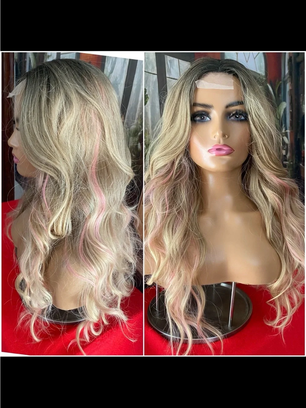 Lace center PINK stripe highlights blonde wig
